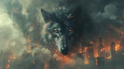Mystical Scandinavian beast wolf Fenrir destroying modern city. Fenrir starts Ragnarok, fire, and smoke clouds. North Mythology background, Generative AI