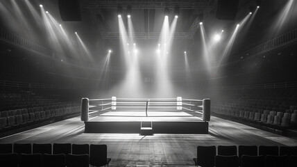A boxing ring with a crowd of empty seats - obrazy, fototapety, plakaty