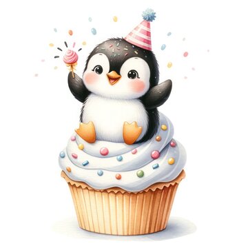 recommend clip art: cute penguin birthday cupcake watercolor clipart