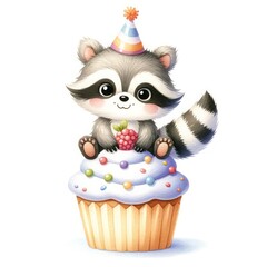 cute raccoon birthday cupcake watercolor clipart