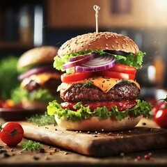 Świeżo przygotowany, soczysty, pyszny domowy hamburger leżący na kuchennym blacie