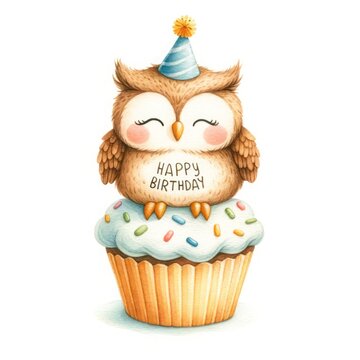 cute owl birthday cupcake watercolor clipart