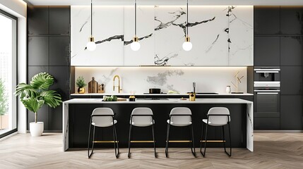 black and white kitchen and dining room area modern elegant luxury interior design, over all view with brass lights and led spots
