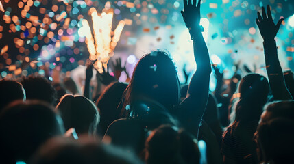 Excited audience watching confetti fireworks and having fun on music festival at night Copy space :...