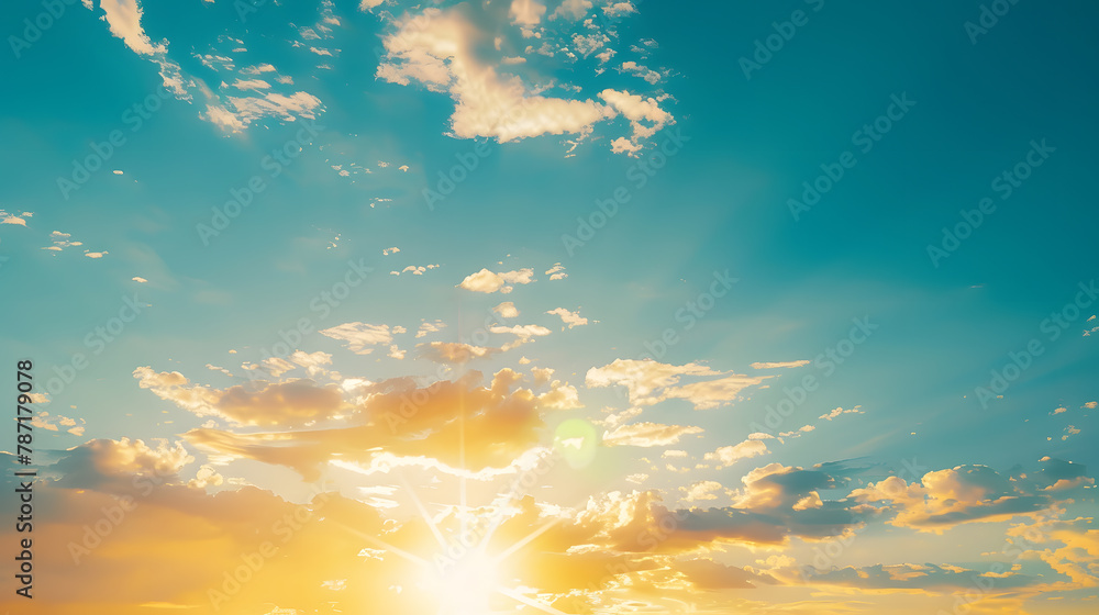 Poster beautiful setting sun and blue sky with copy space : generative ai