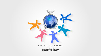 Earth day poster theme for 22 July, 2024 is Planet vs. Plastics. say no to plastic text with Group of people and world globe environment.