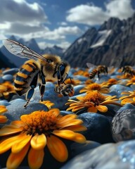 A clumsy bee accidentally shoots itself in the foot, causing a buzz of laughter among its comrades , - obrazy, fototapety, plakaty