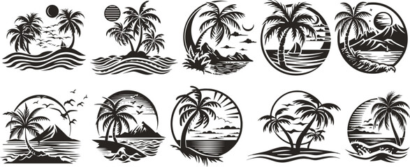 Set tropical island with palm trees, t-shirt design, vector illustration.