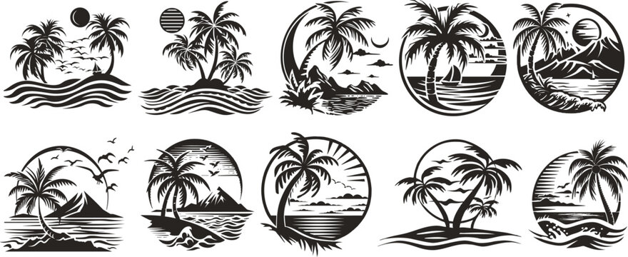 Set tropical island with palm trees, t-shirt design, vector illustration.