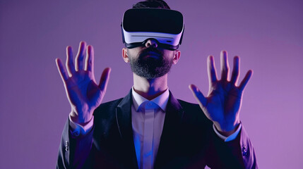 Businessman wearing shirt and suit working while using a VR headset. attractive gesture pose.