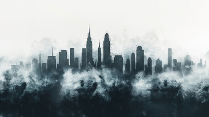 Fototapeta na wymiar A city skyline is shown in a foggy, hazy atmosphere