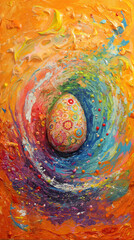 A colorful painting of an egg with a swirl around it