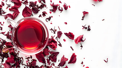 Hibiscus tea and scattered dried hibiscus on white background top view Available copy space Healthy herbal tea for healthy life : Generative AI