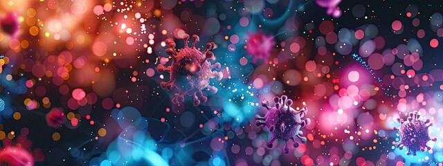 Abstract glowing viral particles and cells and place for text - obrazy, fototapety, plakaty
