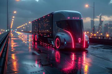 Futuristic autonomous truck driving on bridge - obrazy, fototapety, plakaty