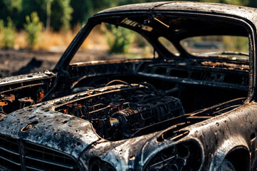 Close-up completely burnt out and carbonized car. Vehicle blown up by military shell burned abandoned automobile during war operations. Copy space