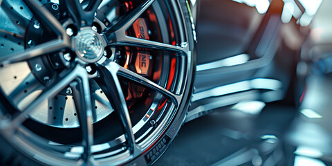 Tire with powerful dic brake pads on the sport with blur background - obrazy, fototapety, plakaty