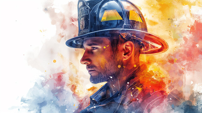 A man in a fireman's hat is the main subject of the image