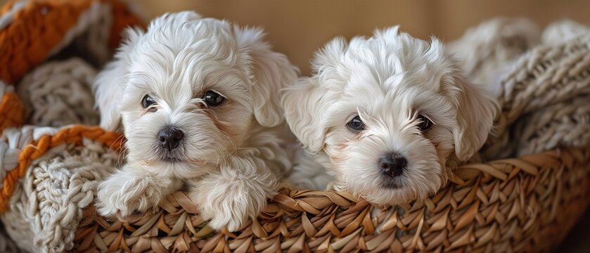 Brightly colored wallpaper featuring two charming Bichon Frise dogs with cute haircuts, relaxing together in a cozy indoor basket