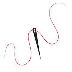 Sewing needle with a long red thread.Vector needle icon on a white background.Vector illustration