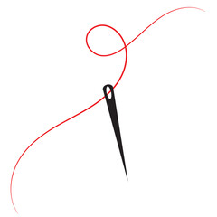 Sewing needle with a long red thread.Vector needle icon on a white background.Vector illustration