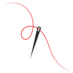 Sewing needle with a long red thread.Vector needle icon on a white background.Vector illustration