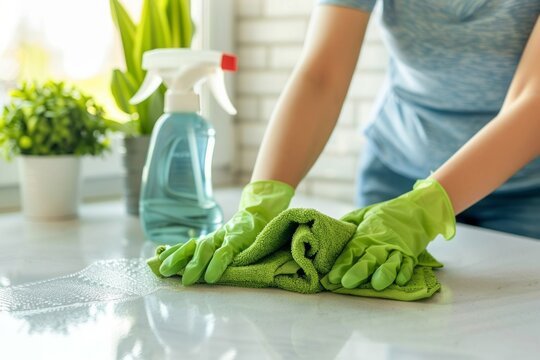 A woman who wears gloves, a housewife, a woman who wipes the table with a rag or spray, a woman who works as a professional cleaning service