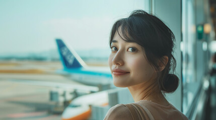 海外旅行のために空港で飛行機を待つ若い女性 - obrazy, fototapety, plakaty