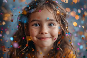 A young girl with a joyful expression is covered with colorful confetti, suggesting a celebration or a festive occasion with bokeh lights