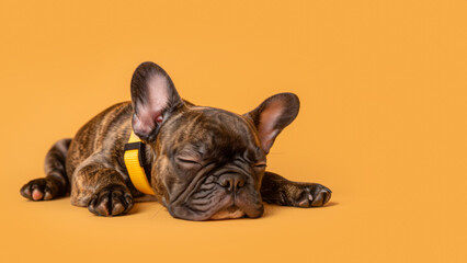 Cute French bulldog sleeping on a yellow background