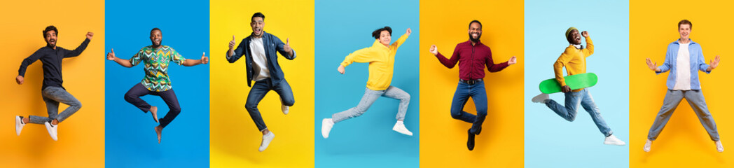 Joyful Group of Young Men Jumping Against Vibrant Colored Backgrounds