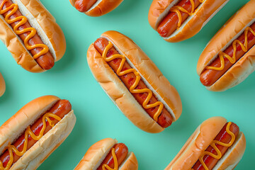 Hot dog pattern on green pastel background, top view - obrazy, fototapety, plakaty