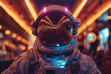 A detailed capture focusing on the reflections in a spaceman's helmet, set against moody bar lighting - obrazy, fototapety, plakaty