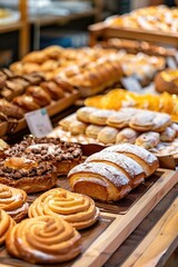 Assortment of delicious pastries and breads on a tray for sale in a bakery.