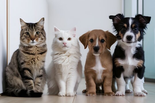 Four animals in a row, two cats and two dogs. On the left, there's a tabby cat with striped fur, sitting upright. Next to it is a white cat with long, fluffy fur, looking straight ahead.