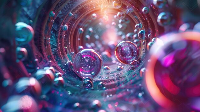 Design of Sci fi background with a technological tunnel Tiny colorful spheres moving on the bumpy tunnel surface