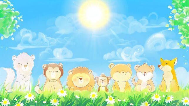 a children, fable style   happy baby lion, happy baby wolf, happy baby monkey, happy baby elephant, happy baby fox and shining open blue sky above them, sitting on green grass