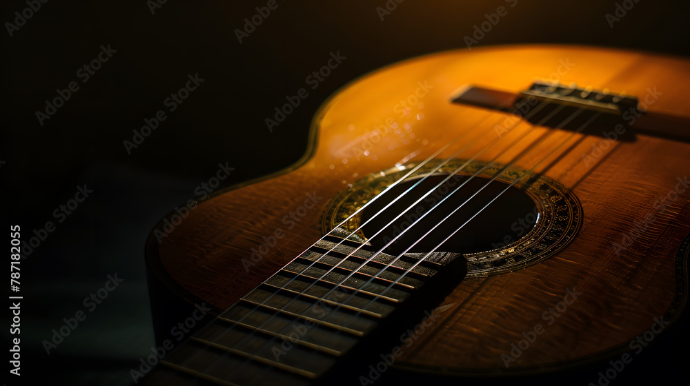 Aufkleber classical guitar close up dramatically lit on a black background with copy space : generative ai