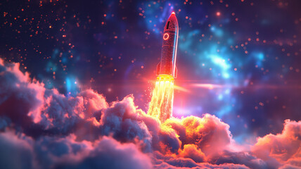 A rocket is flying through the sky with a bright red engine - obrazy, fototapety, plakaty