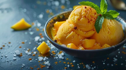 Bright mango sorbet in a dark bowl, garnished with fresh mango chunks, a mint leaf, and sprinkled with sea salt and chili powder, on a textured dark blue surface.