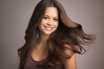 Fototapeta premium portrait of a young beautiful woman with long curly hair, close-up face, on a dark background, studio beauty photo, style and fashion