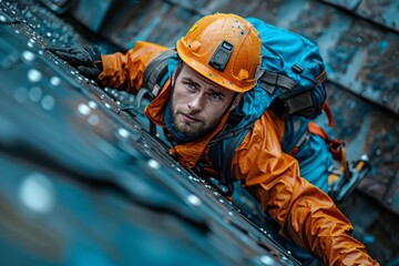 A focused climber in orange protective gear is ascending a steep metal structure, with water droplets visible on the surface