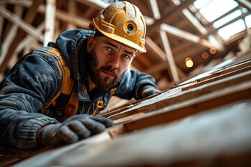 Focused construction worker carefully installs wooden beams on a roof structure, surrounded by scaffolding and tools - obrazy, fototapety, plakaty