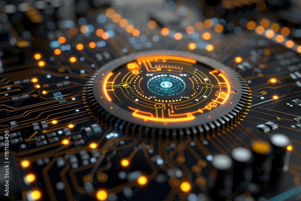 Poster close-up of a high-tech artificial intelligence processor on a motherboard, symbolizing cutting-edge