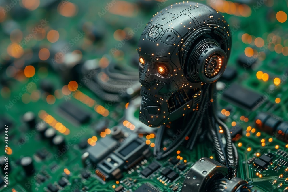 Poster a highly detailed representation of a robot's head embedded in circuitry, evoking thoughts of ai and