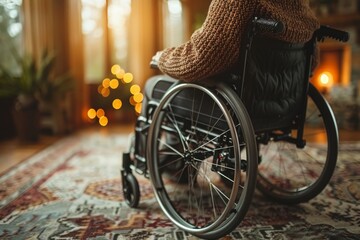 Warm indoor setting with an elderly person in a wheelchair, conveys cozy comfort - obrazy, fototapety, plakaty