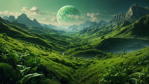 AI generated illustration of a vast valley with green moon rising above grassy fields and mountains