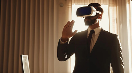 Businessman wearing shirt and suit working while using a VR headset. attractive gesture pose. in office room.