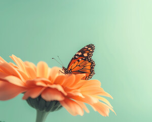An orange butterfly sitting on top of an orange flower, against a pastel green background creating a dreamy atmosphere. Close up. Banner with copyspace. Minimal spring and summer idea