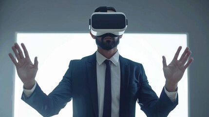 Businessman wearing shirt and suit working while using a VR headset. attractive gesture pose. in office room.